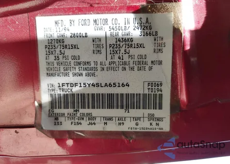 1995 Ford F150 из США, поврежденный, VIN 1FTDF15Y4SLA65164